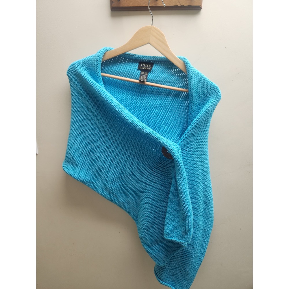 Pure Handknit Blue Cotton Wrap Poncho Shawl Coconut Buttons One‎ Size Turquoise